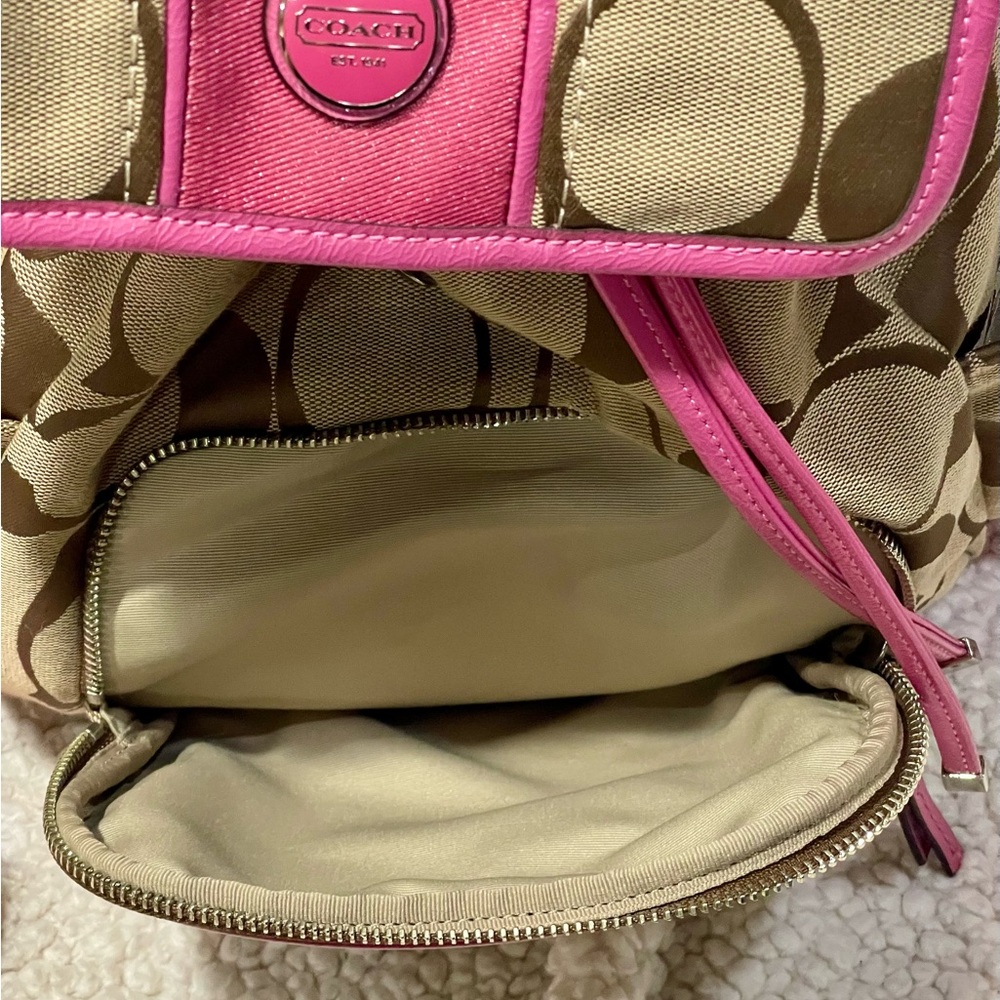 Y2K Coach Signature Canvas Backpack Brown Pink Trim C1361-F21928 Logo Flap - Picture 3 of 6